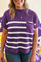 Striped Raw Edge Patch Pocket Drop Shoulder Short Sleeve Sweater